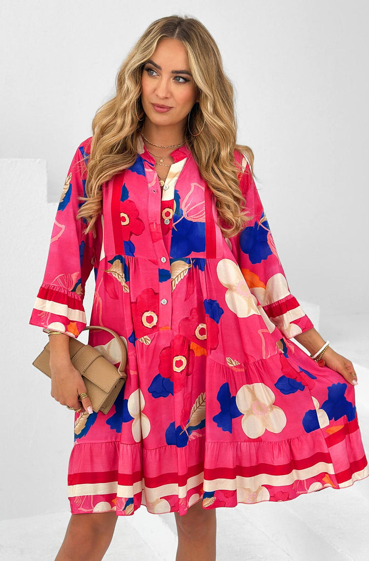 Kira Boho Floral Oversized Abstract Tunic Dress-Hot Pink