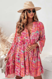 Kira Boho Oversized Floral Paisley Abstract Tunic Dress-Multi