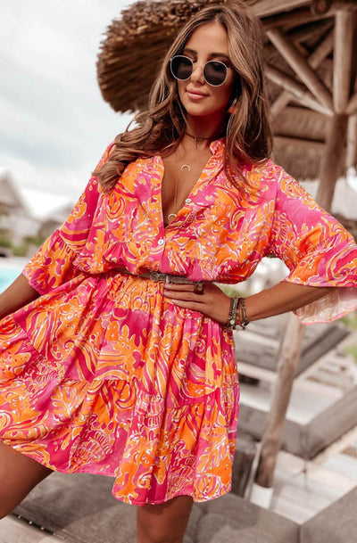 Kira Oversized Abstract Floral Tunic Dress-Orange