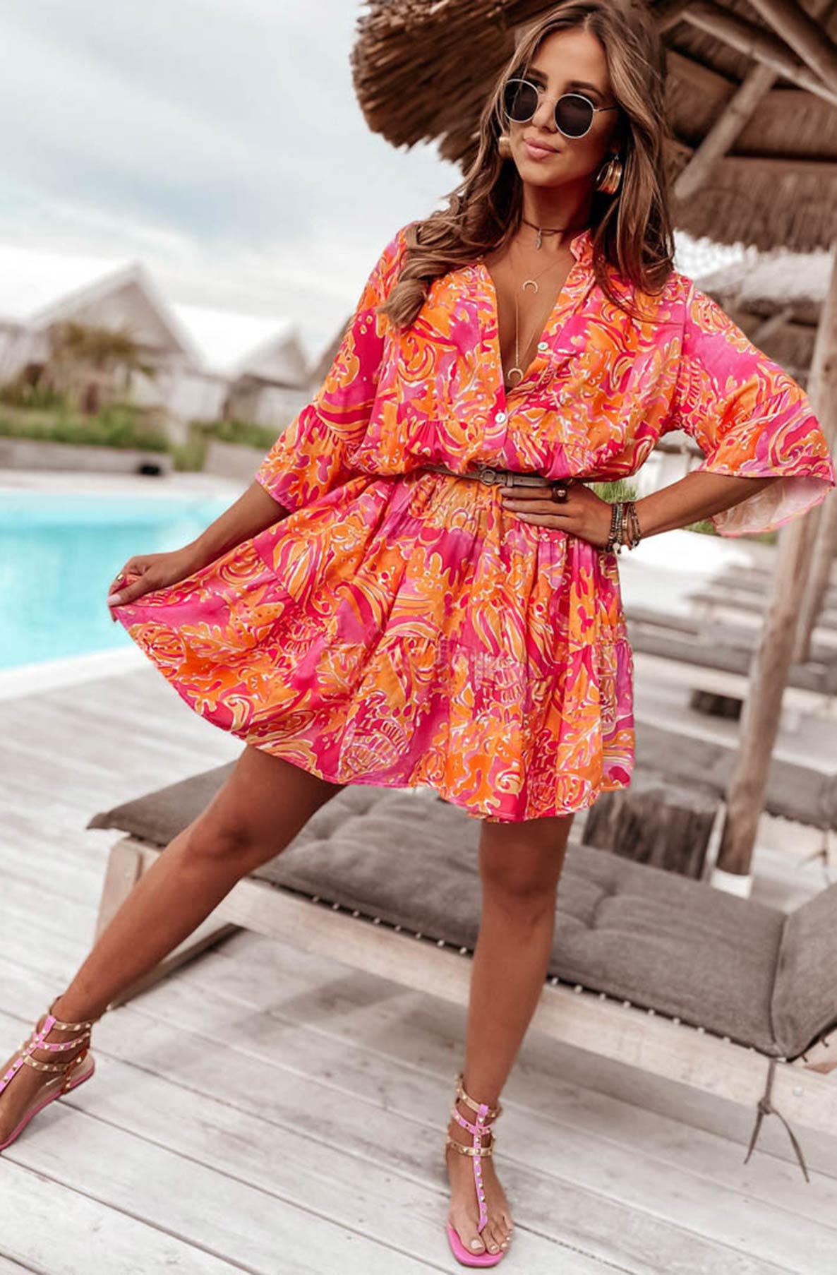 Kira Oversized Abstract Floral Tunic Dress-Orange