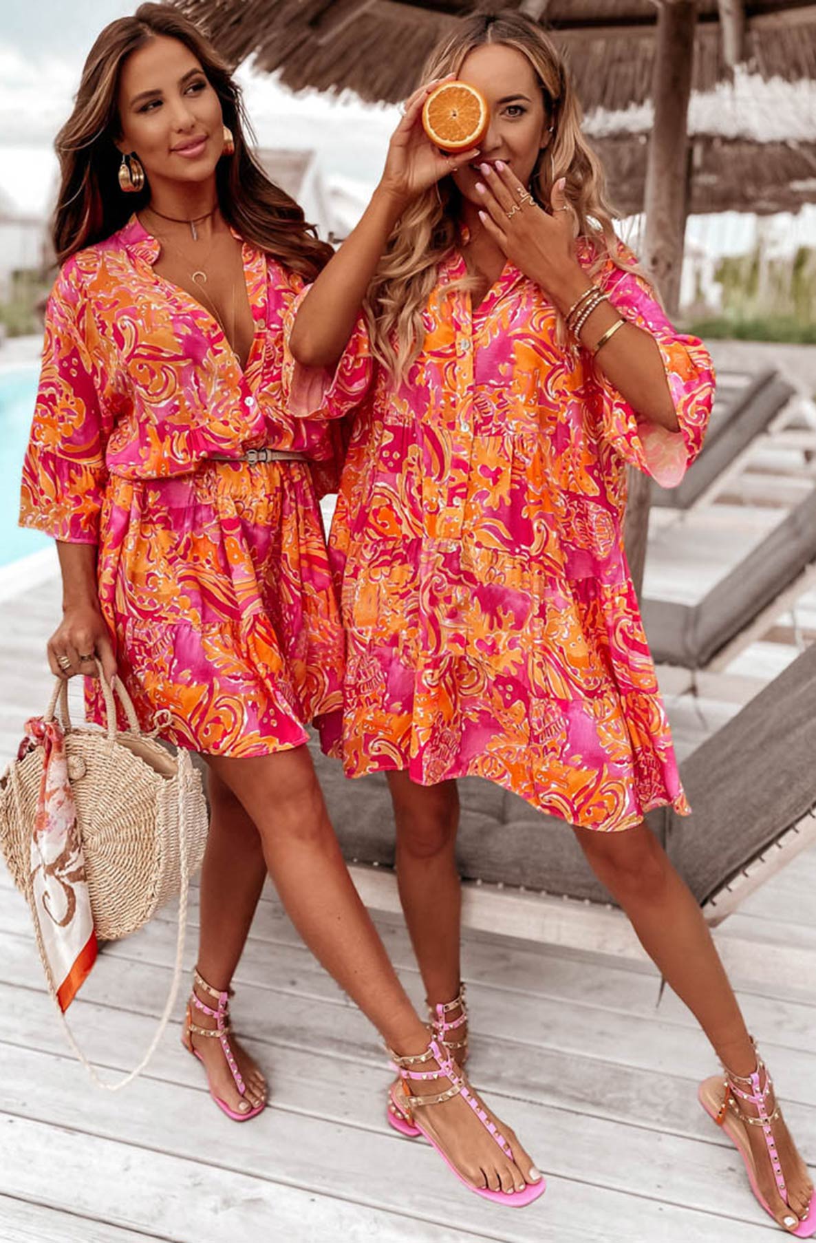 Kira Oversized Abstract Floral Tunic Dress-Orange