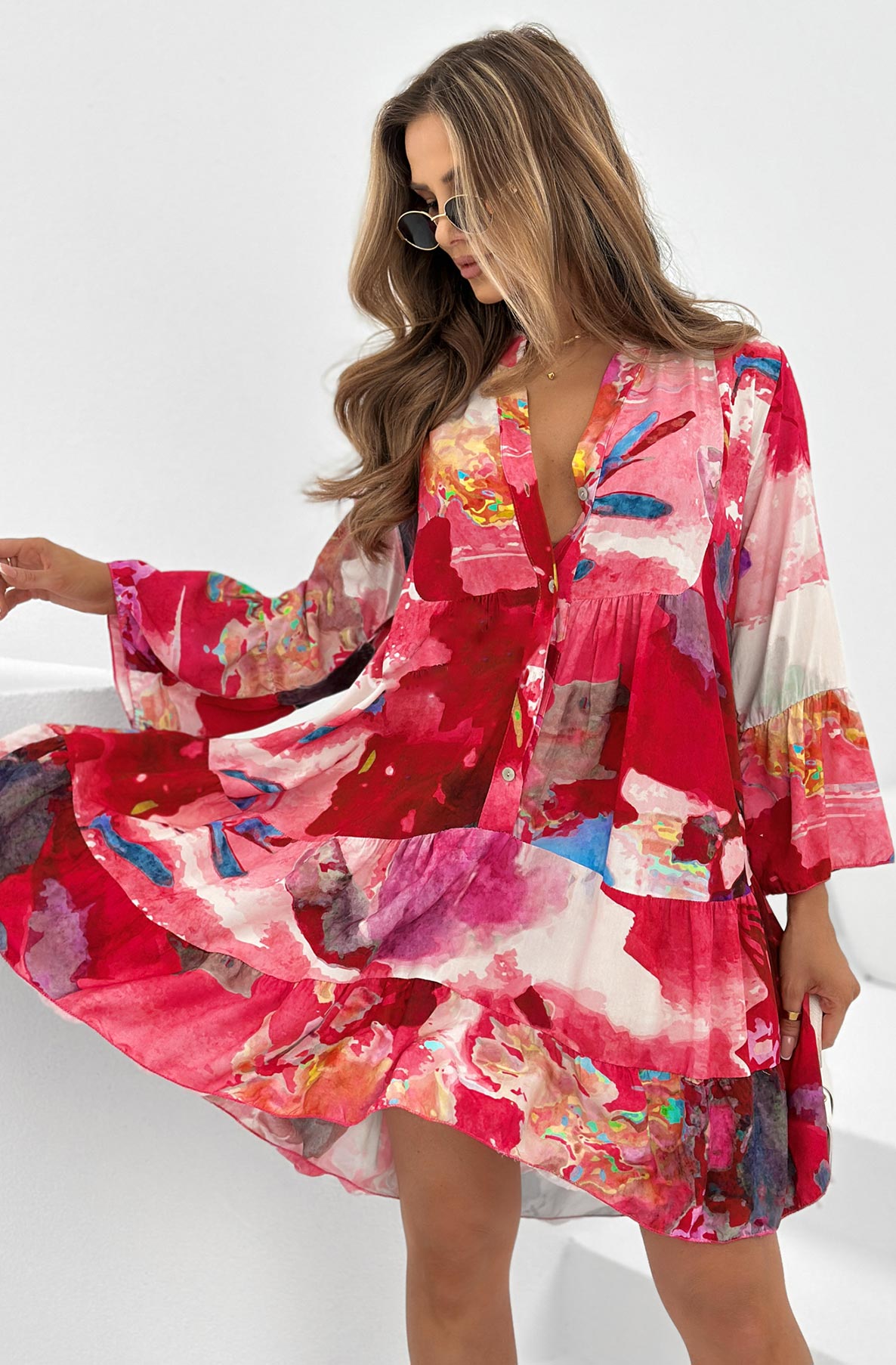 Kira Boho Oversized Abstract Tunic Dress-Red