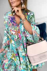 Kira Boho Oversized Floral Abstract Tunic Dress-Teal