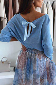 Kori Open Back Bow Light Knitted Sweater Jumper-Sky Blue