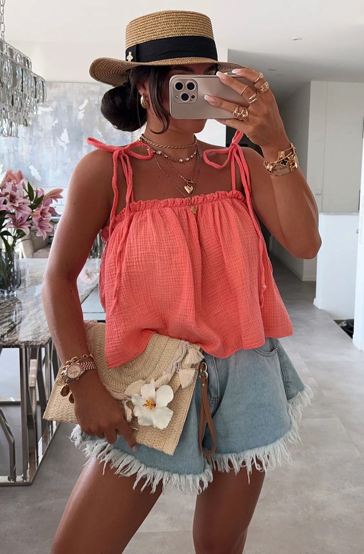 Lacie Cropped Cotton Gauze Style Tie-Up Top-Coral