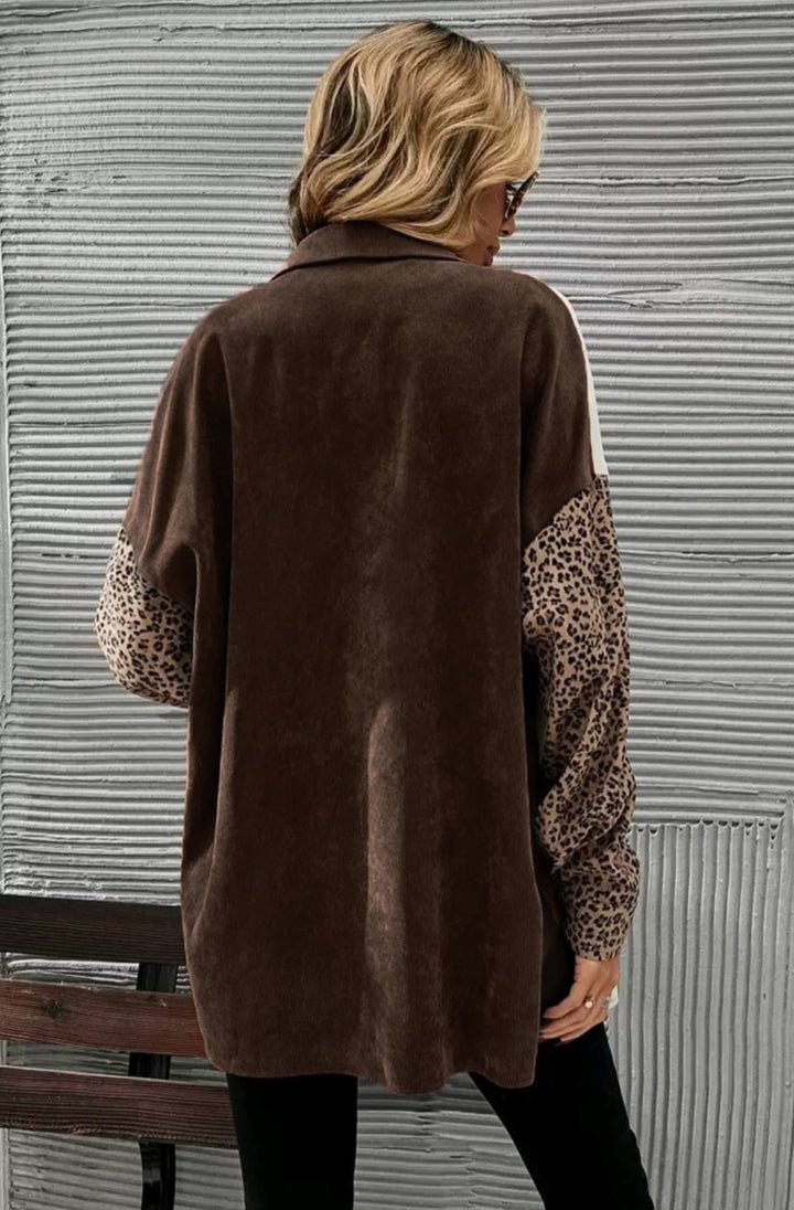 Laurel Corduroy Leopard Patchwork Oversized Shirt Jacket-Brown