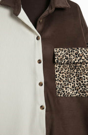 Laurel Corduroy Leopard Patchwork Oversized Shirt Jacket-Brown