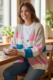 Leona Colour Block Striped Button Cardigan-Stone