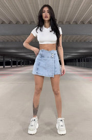 Lisha Overlay Denim Mini Skort-Light Blue