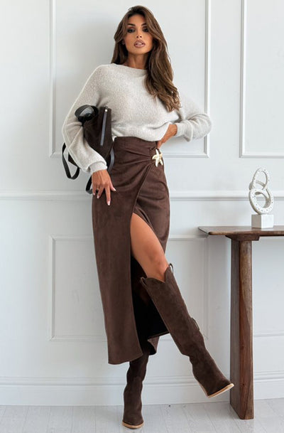 Livia Draped Suedette Split Midaxi Skirt-Chocolate