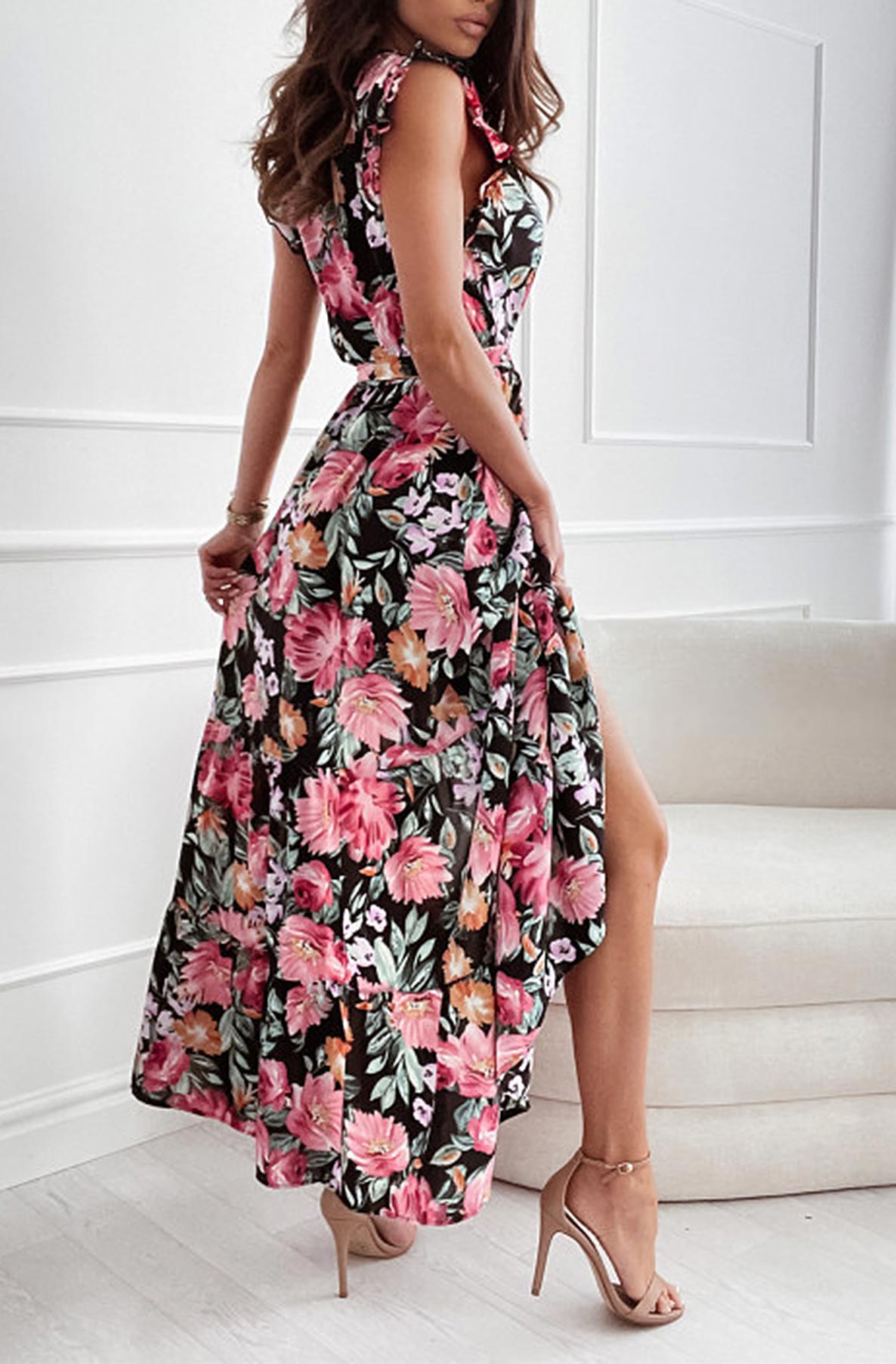 Lorie Floral Chiffon Maxi Dress-Black