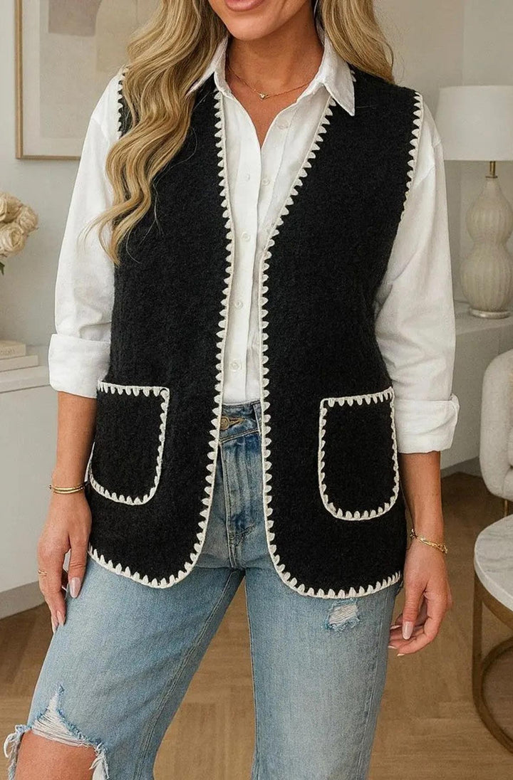 Lottie Contrast Trim Open-Front Gilet Vest-Black