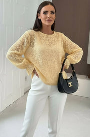 Lucinda Floral Eyelash Texture Mesh Blouse Top-Yellow