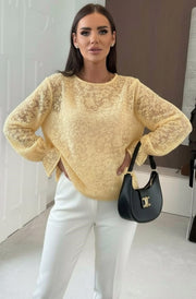 Lucinda Floral Eyelash Texture Mesh Blouse Top-Yellow