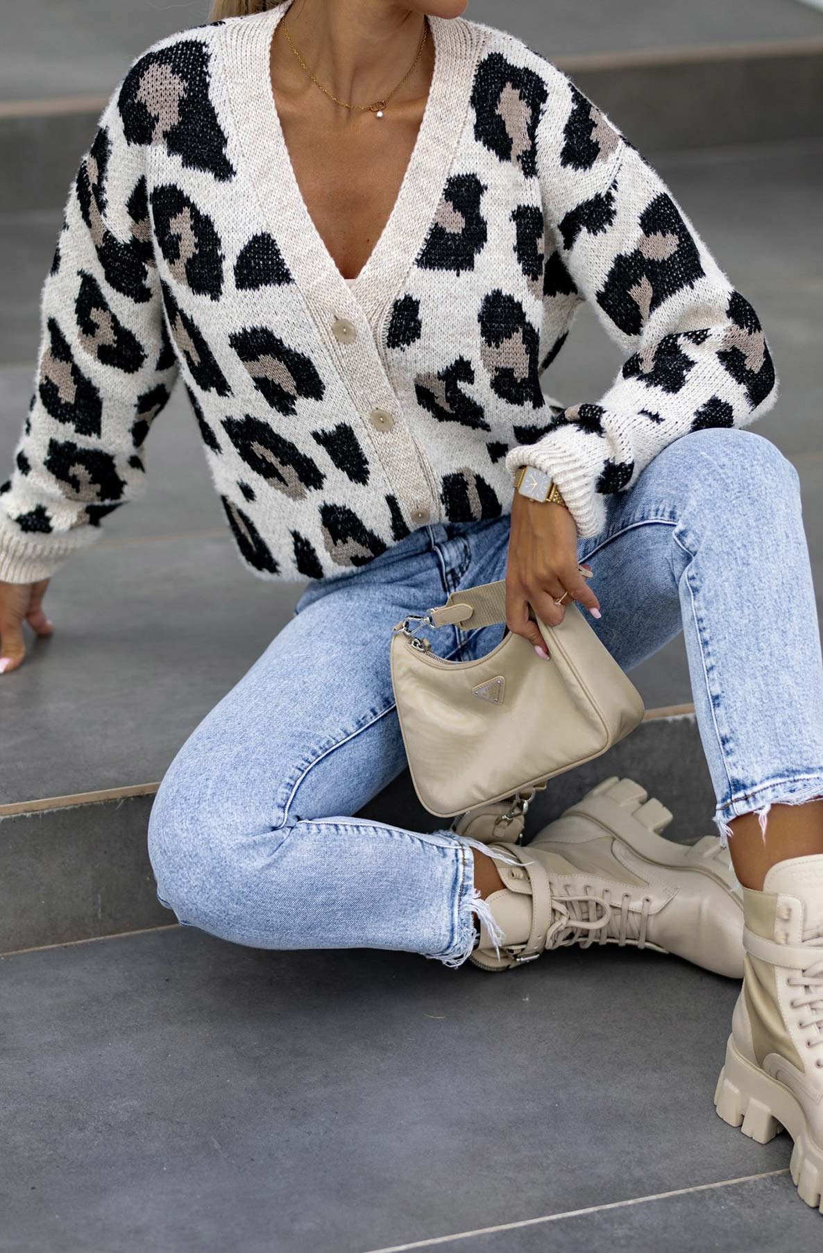 Lynda Leopard Print Knitted Cardigan-Stone