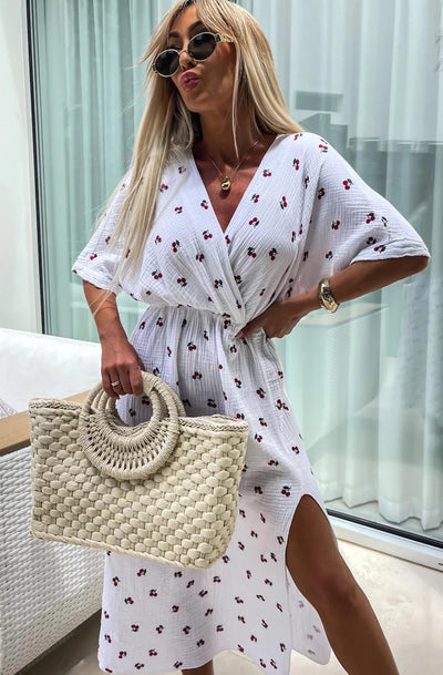 Lynn 'Cherry' Front Wrap Side Slit Cotton Gauze Style Midaxi Dress-Ivory