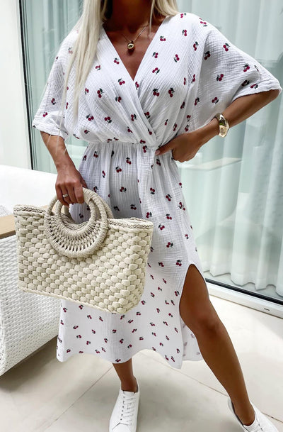 Lynn 'Cherry' Front Wrap Side Slit Cotton Gauze Style Midaxi Dress-Ivory