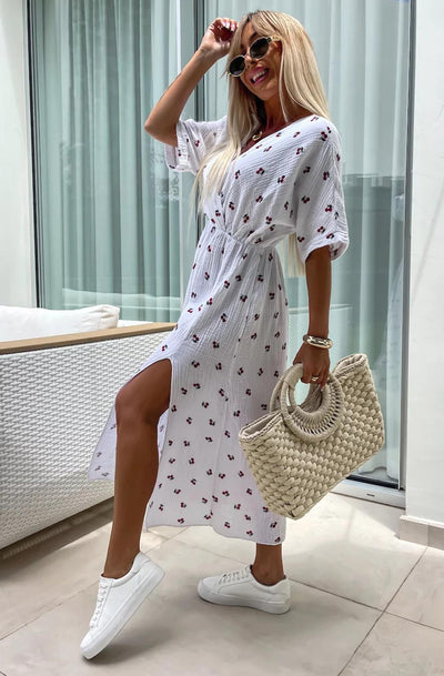 Lynn 'Cherry' Front Wrap Side Slit Cotton Gauze Style Midaxi Dress-Ivory