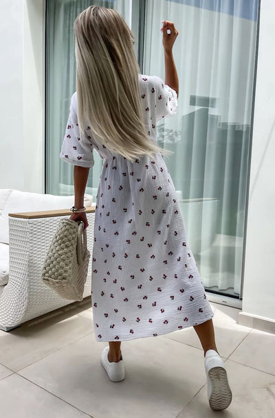 Lynn 'Cherry' Front Wrap Side Slit Cotton Gauze Style Midaxi Dress-Ivory