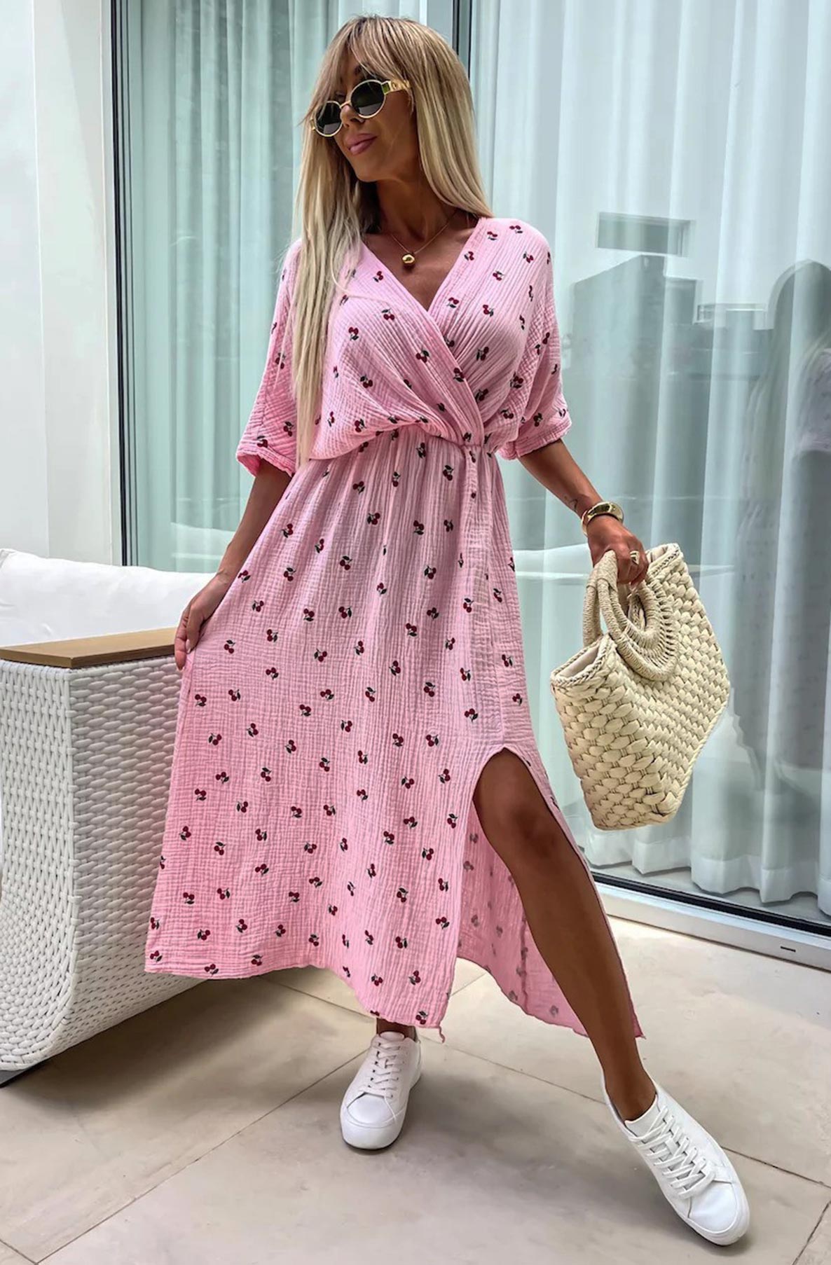 Lynn 'Cherry' Front Wrap Side Slit Cotton Gauze Style Midaxi Dress-Pink