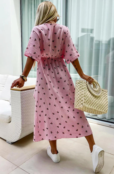 Lynn 'Cherry' Front Wrap Side Slit Cotton Gauze Style Midaxi Dress-Pink
