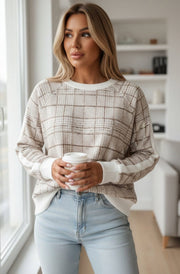 Madison Contrast Check Print Long Sleeve Sweatshirt Top-Stone