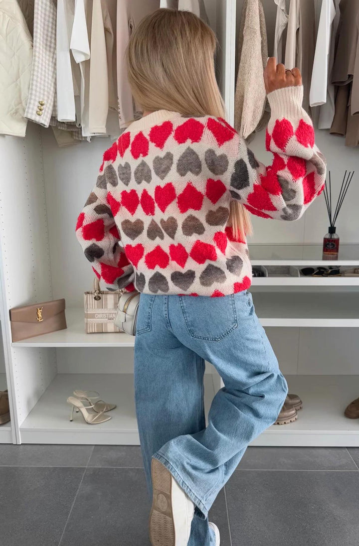 Mandie Contrast Heart Patterned Knitted Jumper-Red