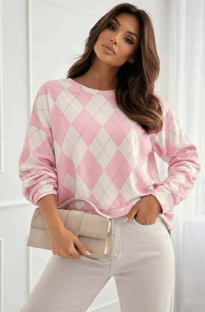 Mara Argyle Diamond Print Long Sleeve Sweatshirt Top-Pink
