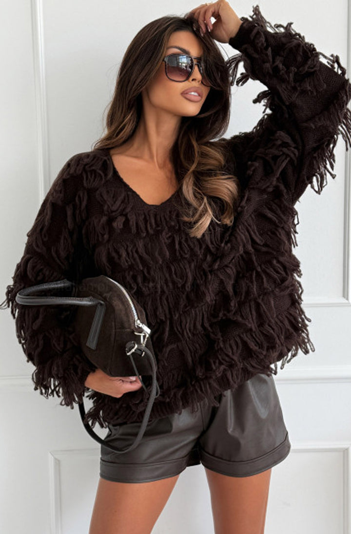 Maribel Boho Tassel Sweater Jumper-Brown
