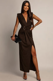 Marielle Sleeveless V-Neck Ring Split Maxi Dress-Brown