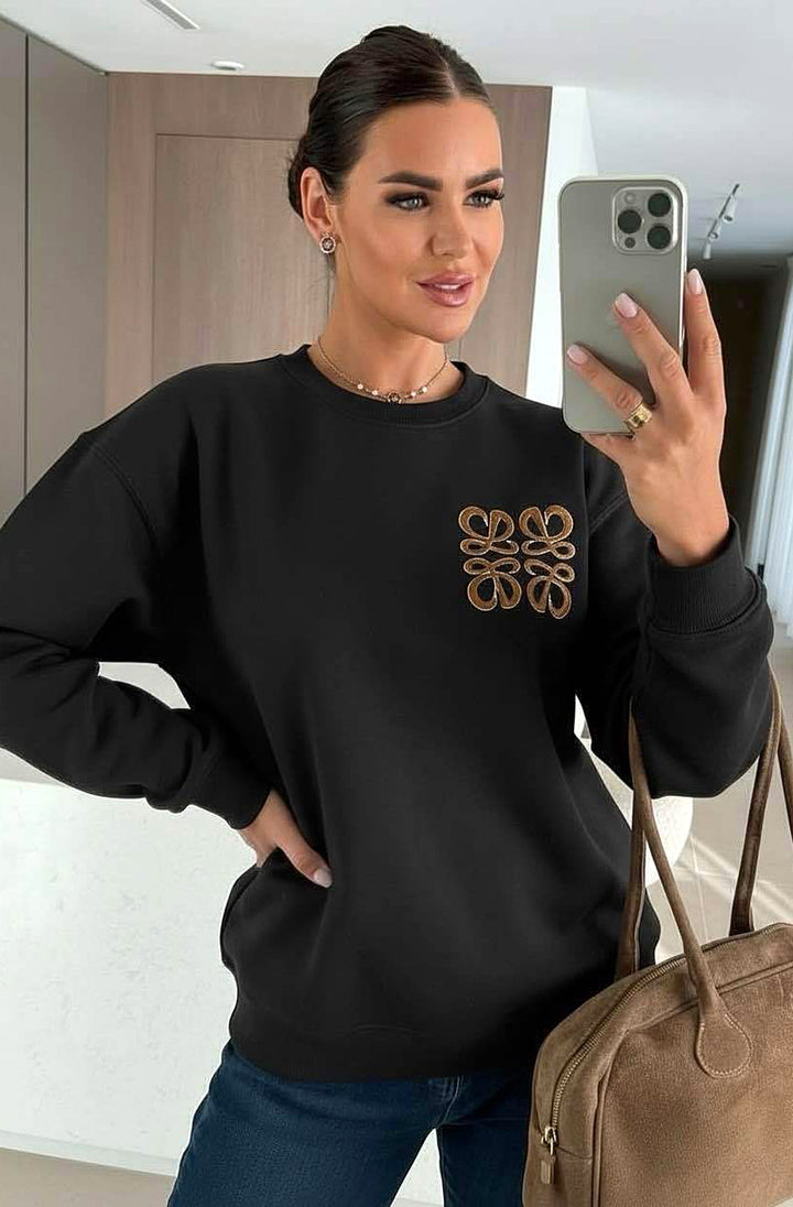 Maris Oversized Embellished Pocket Sweatshirt Top-Black