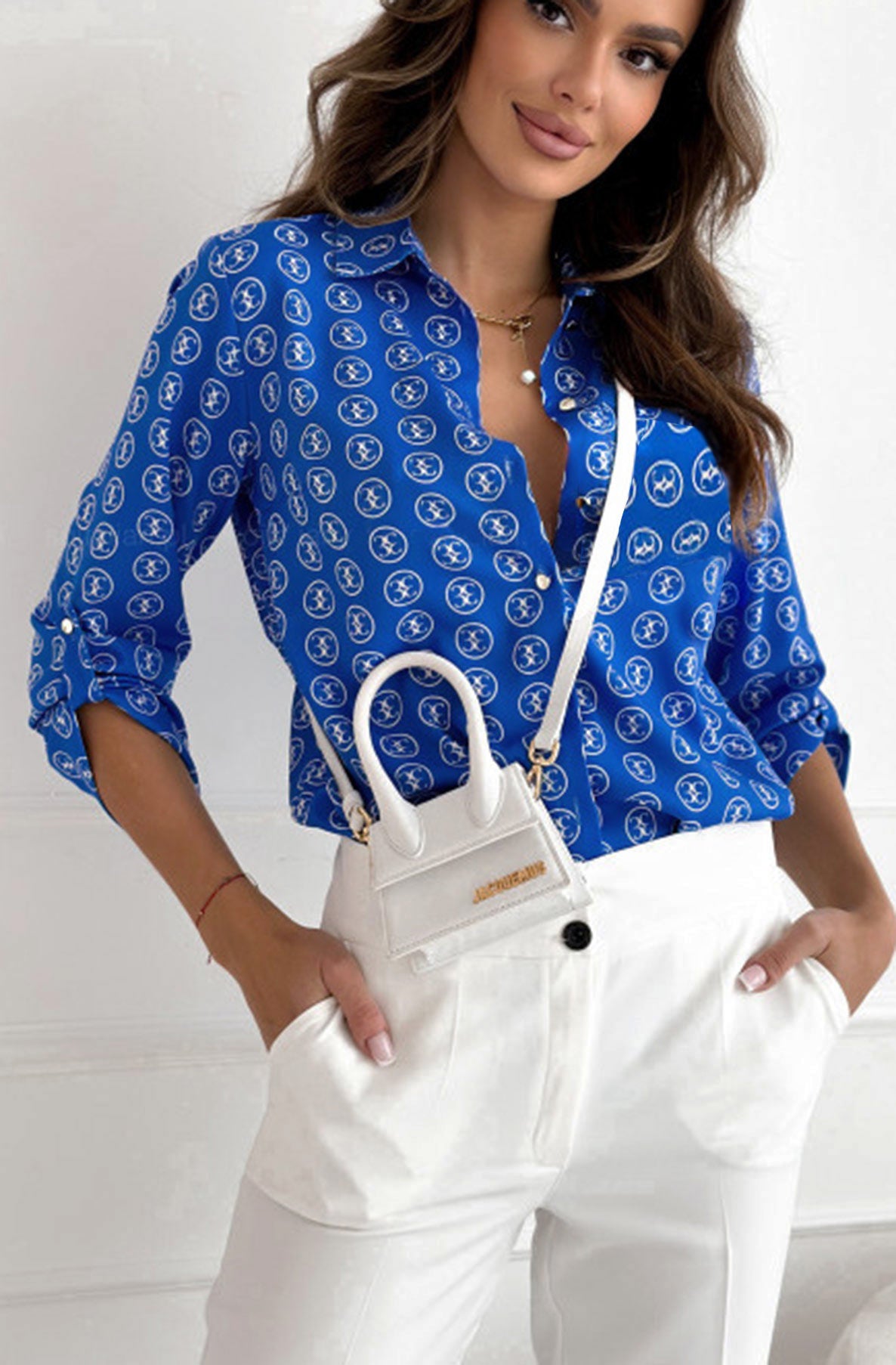 Mariya Geometric Print Shirt Blouse Top-Royal Blue