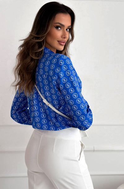 Mariya Geometric Print Shirt Blouse Top-Royal Blue