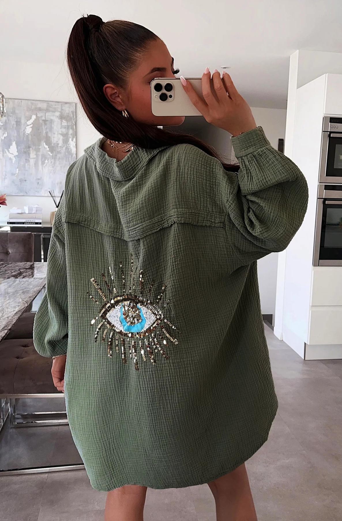 Maxine 'Eye' Sequins Oversized Cotton Gauze Style Shirt Top-Khaki