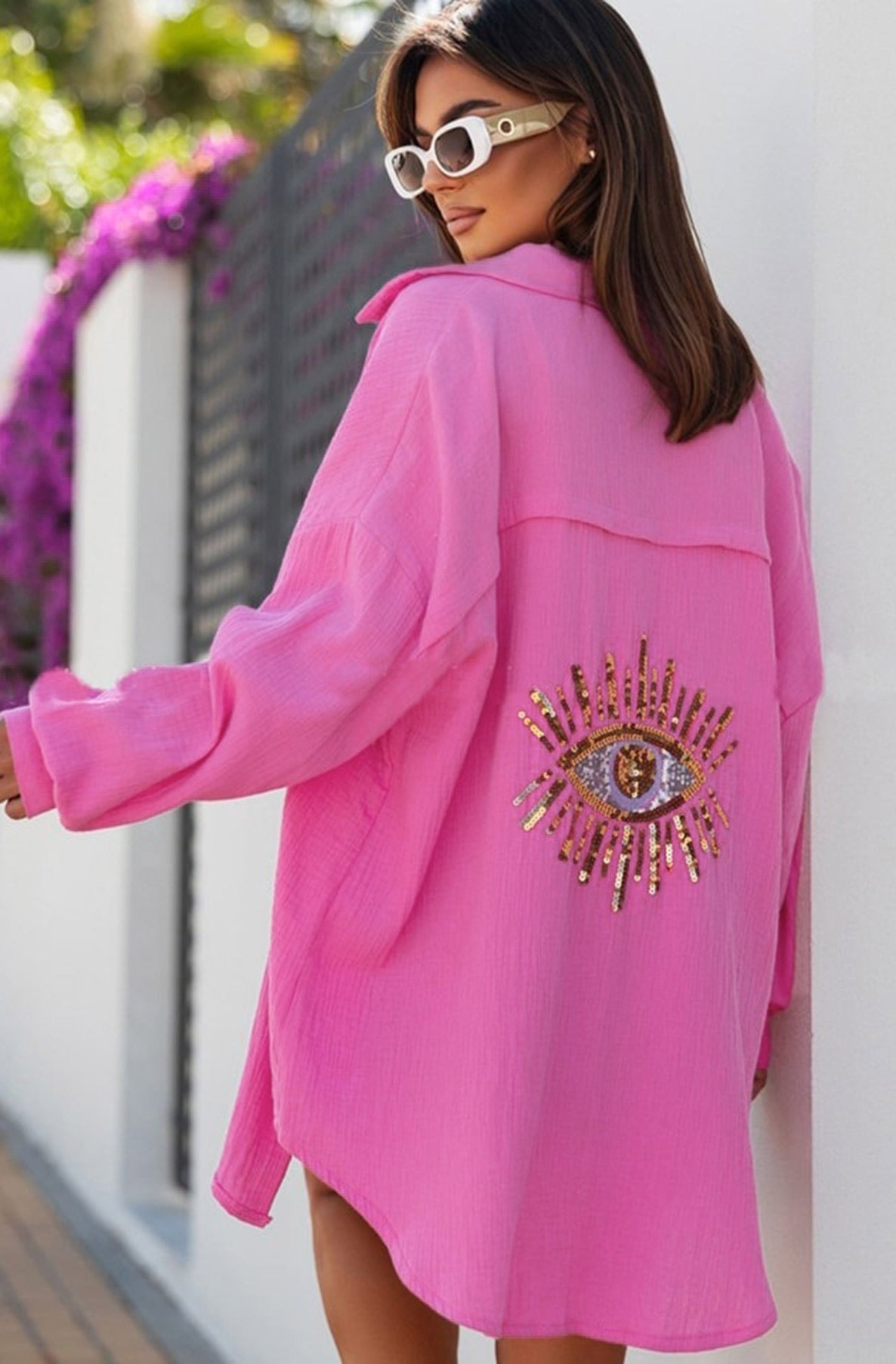 Maxine 'Eye' Sequins Oversized Cotton Gauze Style Shirt Top-Pink