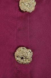 Melani Satin Pleated-Sleeve Brooch Button Shirt Blouse-Wine