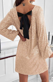 Meliora Sequin Bow-Back Long Sleeve Dress-Gold
