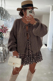 Meredith Tie-Up Knitted Cardigan-Brown