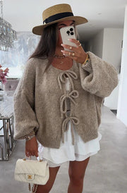 Meredith Tie-Up Knitted Cardigan-Stone
