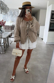 Meredith Tie-Up Knitted Cardigan-Stone