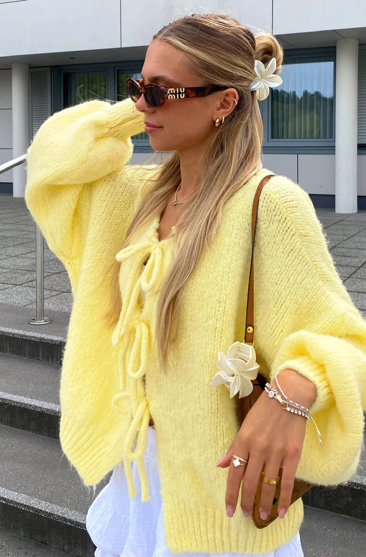 Meredith Tie-Up Knitted Cardigan-Yellow