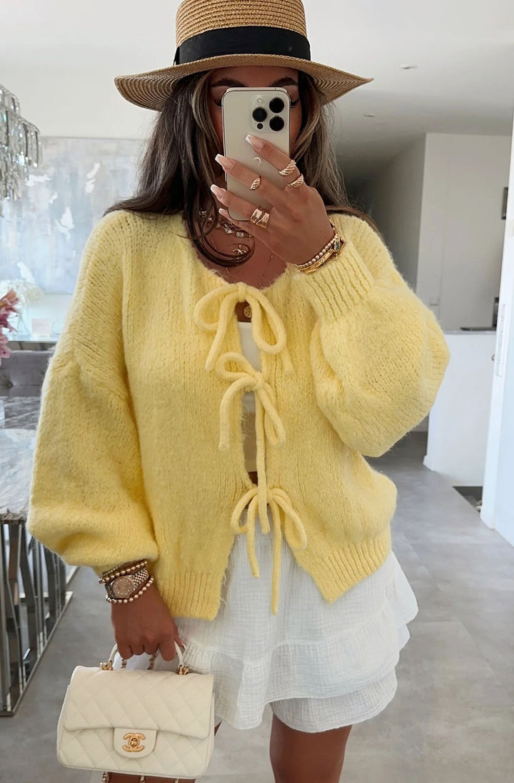 Meredith Tie-Up Knitted Cardigan-Yellow