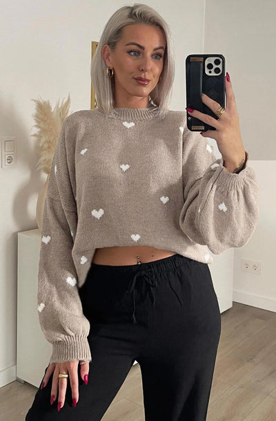 Merika 'Heart' Printed Knitted Jumper Sweater-Mocha