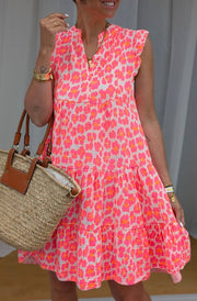 Mika Leopard Ruffle Frill Sleeve Cotton Gauze Style Smock Dress-Pink