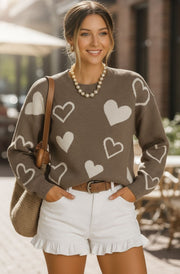Mila Contrast Heart Sweater Jumper-Brown