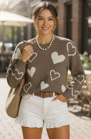 Mila Contrast Heart Sweater Jumper-Brown