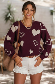 Mila Contrast Heart Sweater Jumper-Wine
