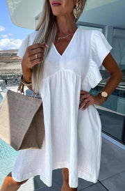 Mindie Ruffle Frill Sleeve Cotton Gauze Style Smock Dress-Ivory
