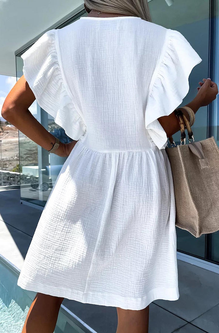 Mindie Ruffle Frill Sleeve Cotton Gauze Style Smock Dress-Ivory