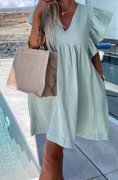 Mindie Ruffle Frill Sleeve Cotton Gauze Style Smock Dress-Mint